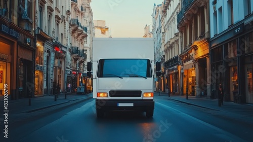 Delivery Truck on Serene Street in Urban Setting During Golden Hour with Charming Architecture Nearby