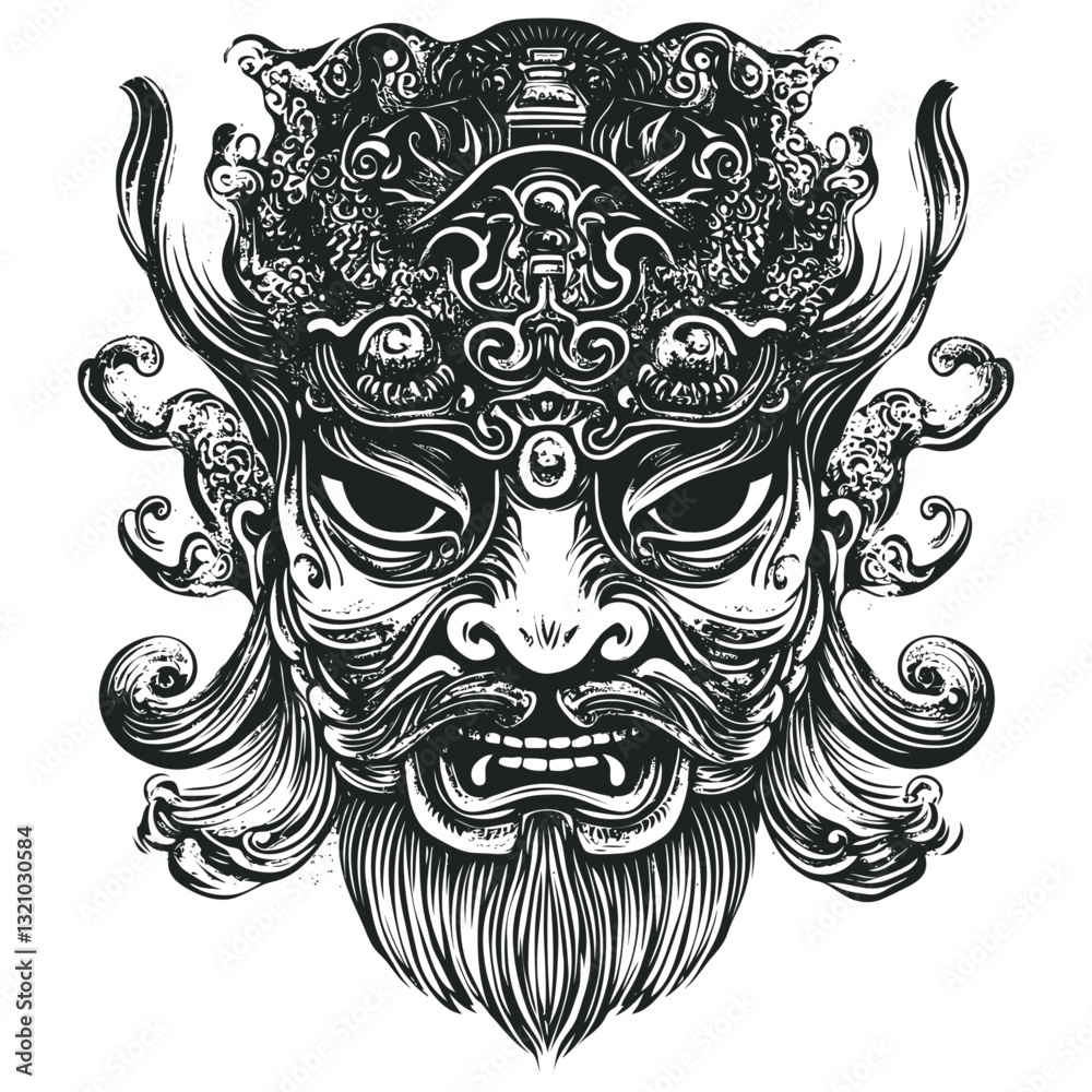 Obraz premium Vector illustration of an ornate Asian demon mask with intricate details. The black and white artwork features a fierce expression with angry eyes, fanged mouth, decorative horns, swirling ornaments