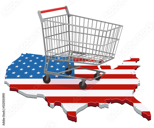 3D map of the United States in the colors of the American flag with a supermarket shopping cart (cut out)