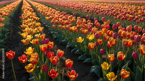 Low-angle tracking shot of endless tulips swaying in soft morning light photo
