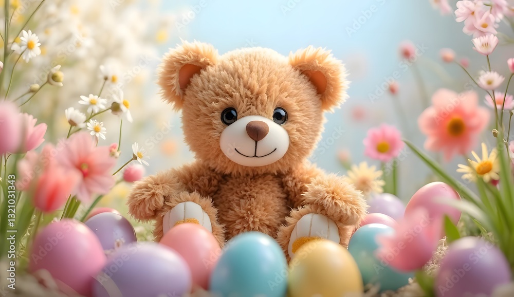 Teddy Bear and Easter Eggs for a Springtime Celebration. The gentle light and pastel colors highlight the soft textures and cheerful atmosphere of the spring season. Teddy Bear and Easter Eggs for a Springtime Celebration. The gentle light and pastel colors highlight the soft textures and cheerful atmosphere of the spring season.