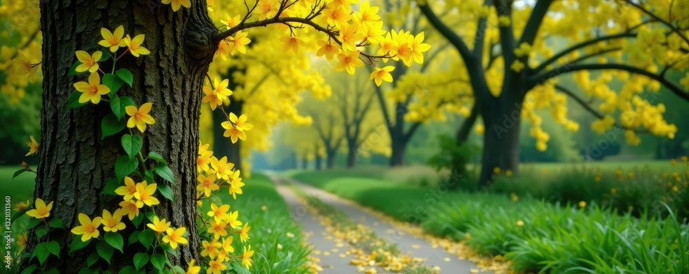 Fototapeta premium Colorful Yellow Honeysuckle vines entwining trees, yellow flowers,