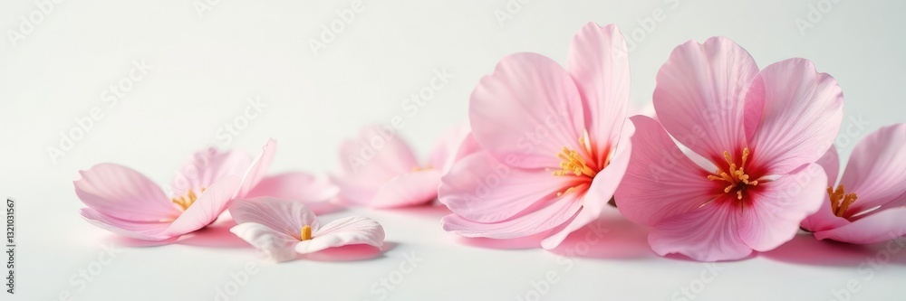 Fototapeta premium Delicate flower petals unfurl on a crisp white surface, nature, flowers