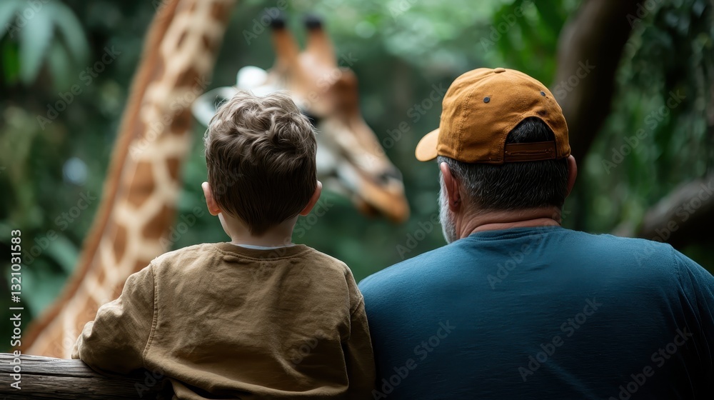 Fototapeta premium A heartwarming scene capturing a child and an adult enjoying their view of a giraffe in a vibrant green environment, showcasing the wonder of shared experiences in nature.