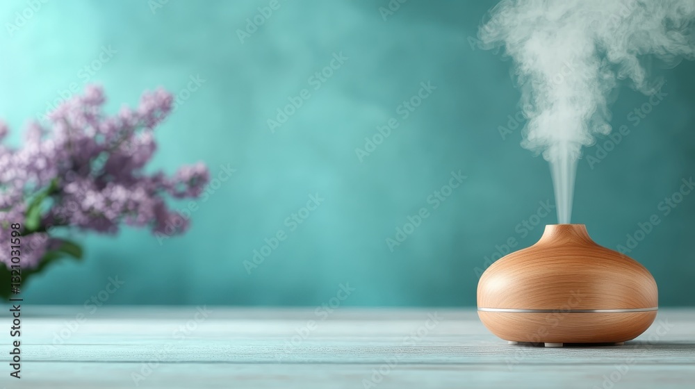 A stylish wooden aromatherapy diffuser releases fragrant mist, beautifully contrasted by lilac blooms, creating a serene setting for relaxation and meditation. A stylish wooden aromatherapy diffuser releases fragrant mist, beautifully contrasted by lilac blooms, creating a serene setting for relaxation and meditation.