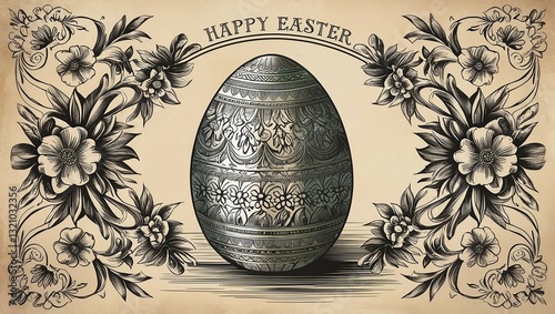 Vintage Easter greeting card with engraved floral egg illustration
