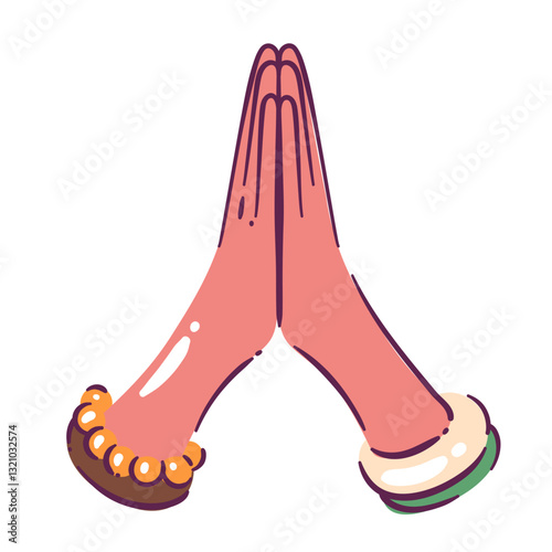 Namaste, cartoon human hands clasped together in prayer. Spiritual religious praying to god, greeting gesture. Worship, yoga, tradition mascot, cartoon cute funny mudra namaste vector illustration
