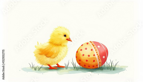 Watercolor Easter card with fluffy chick and colorful egg