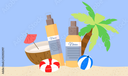 Sunscreen bottles, coconut cocktail and palm tree embracing summer vibes