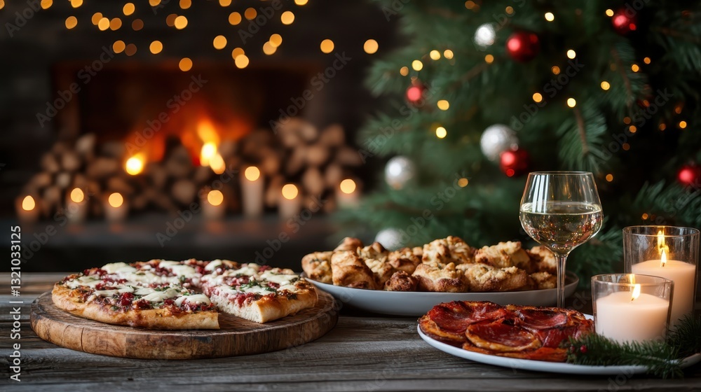 A warm, festive scene featuring a delicious spread of pizza and drinks in a cozy setting adorned with Christmas decorations, evoking feelings of joy and celebration. A warm, festive scene featuring a delicious spread of pizza and drinks in a cozy setting adorned with Christmas decorations, evoking feelings of joy and celebration.