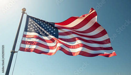 American flag waving against a clear blue sky