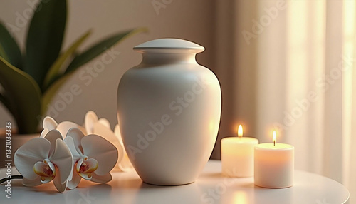 Minimalist cremation urn with white orchids and candles
