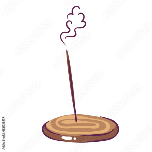 Burning cartoon incense stick on stand. Funny natural aroma stick with smoke and steam for yoga meditation with fragrance. Zen, oriental tradition mascot, cartoon cute agarbatti vector illustration