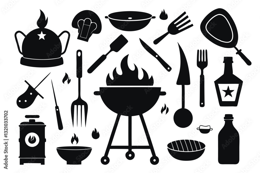 BBQ unique design icons bundle silhouette vector with white background BBQ unique design icons bundle silhouette vector with white background
