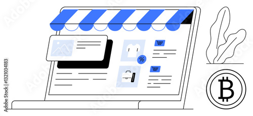 Laptop storefront displaying product listings, price discounts, shopping cart, and Bitcoin payment. Ideal for e-commerce, blockchain, digital retail, fintech, online marketplaces virtual shopping