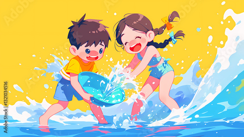Two joyful children splashing water while playing on a sunny beach, surrounded by vibrant waves photo