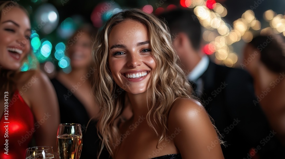 A vibrant image featuring a smiling woman enjoying a celebratory event, radiating joy and happiness amidst a colorful background of lights and shared moments. A vibrant image featuring a smiling woman enjoying a celebratory event, radiating joy and happiness amidst a colorful background of lights and shared moments.