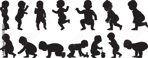 Baby Silhouette Collection: Set of Crawling, Standing and Playing Infants, Vector Illustration