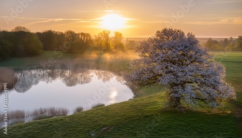 Wallpaper Mural serene spring landscape with a blooming tree and a reflection on a lake Torontodigital.ca