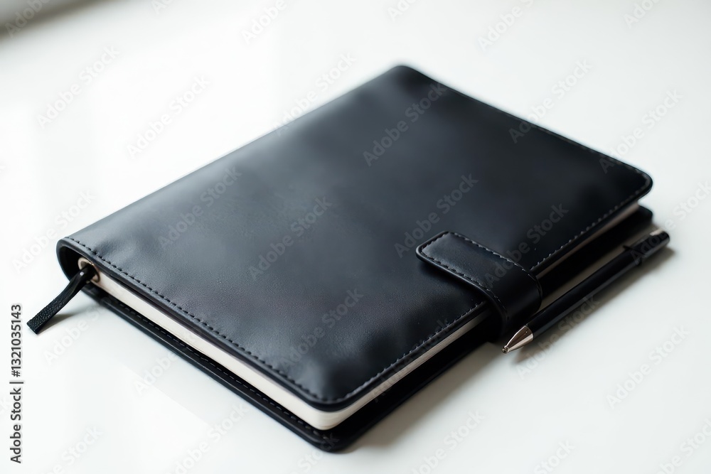 Elegant black leather notebook case, pristine white backdrop, style, cover Elegant black leather notebook case, pristine white backdrop, style, cover