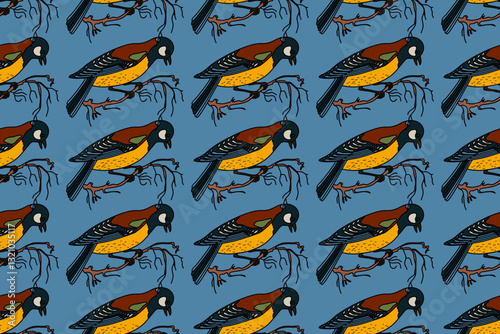 Botanical abstract seamless pattern with garden birds vector illustration. Colorful repeating cartoon pattern great tit in blue color background. Graphic design for Fashion Cover Textile Print Card
