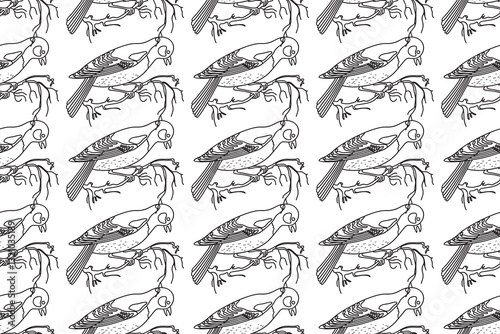 Line art seamless pattern with garden birds vector illustration. Hand drawn outline repeating pattern birds background. Graphic design for Cover Coloring Book Textile Fashion Print Birthday Greeting