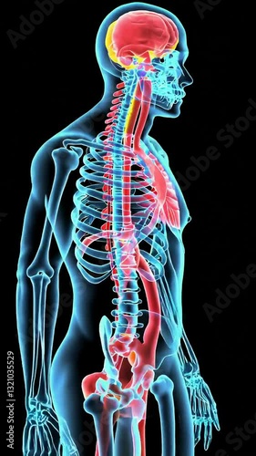 Detailed human anatomy with emphasis on skeletal, muscular, and nervous systems in sequential view