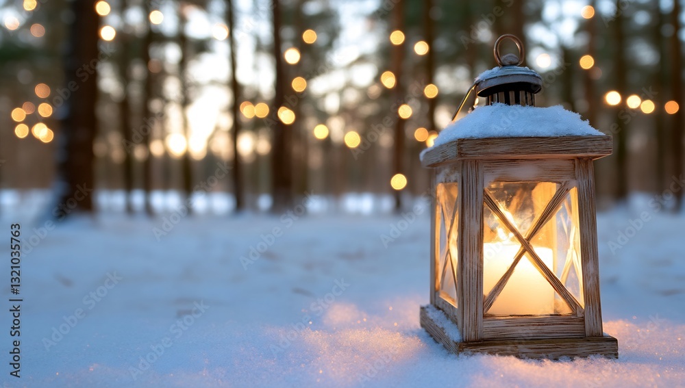 Snowy forest scene with lantern lights. Winter wonderland, cozy atmosphere Snowy forest scene with lantern lights. Winter wonderland, cozy atmosphere