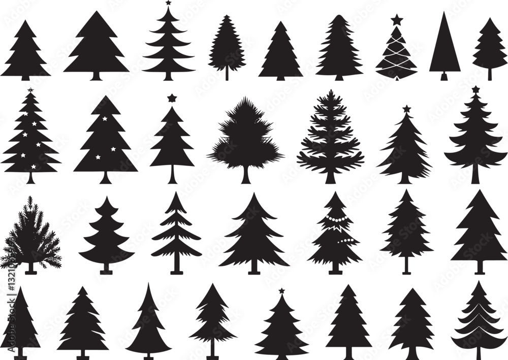 Christmas Trees Vector Set, Black Silhouettes on White Christmas Trees Vector Set, Black Silhouettes on White