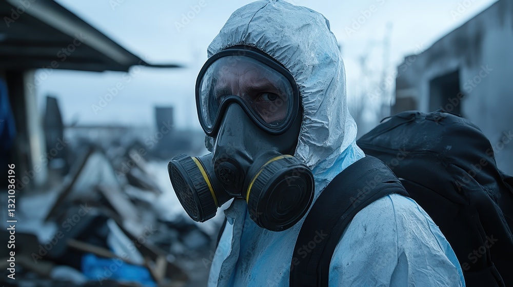 Amidst the urban ruins, a focused hazmat worker epitomizes the critical response to environmental hazards, blending vigilance with determination in challenging situations. Amidst the urban ruins, a focused hazmat worker epitomizes the critical response to environmental hazards, blending vigilance with determination in challenging situations.