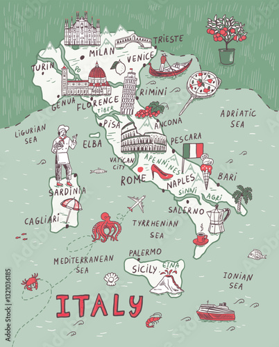 Italy map hand drawn vector illustration in doodle style with travel icons