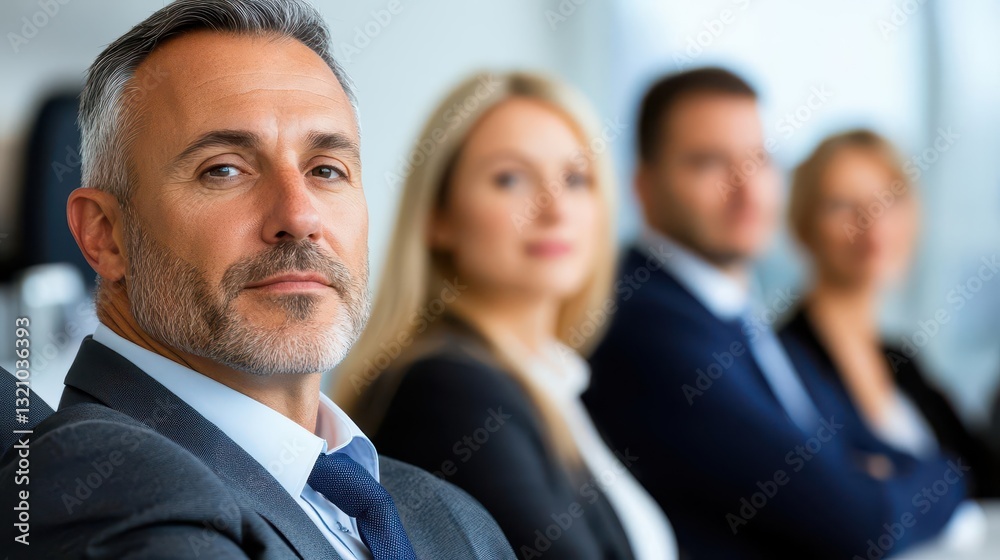 Professional man in suit and tie with group of colleagues engaged in conversation in the background Professional man in suit and tie with group of colleagues engaged in conversation in the background