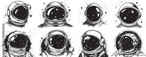 Astronaut Helmet Vector Set, Black and White Space Concept