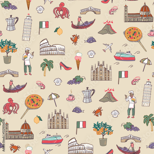 Seamless pattern with famous landmarks of Italy. Vector illustration.