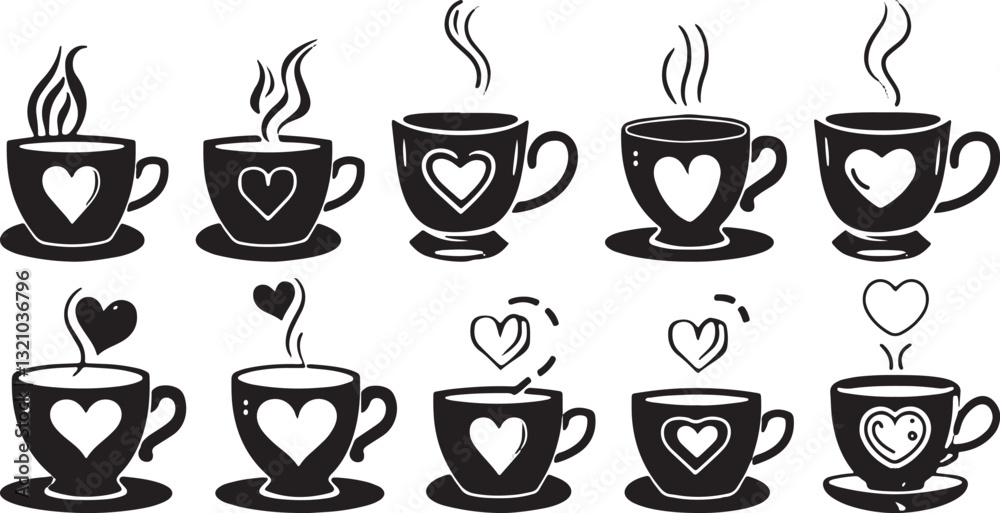 Coffee Cups with Hearts Vector Illustration, Black and White Isolated Design Coffee Cups with Hearts Vector Illustration, Black and White Isolated Design