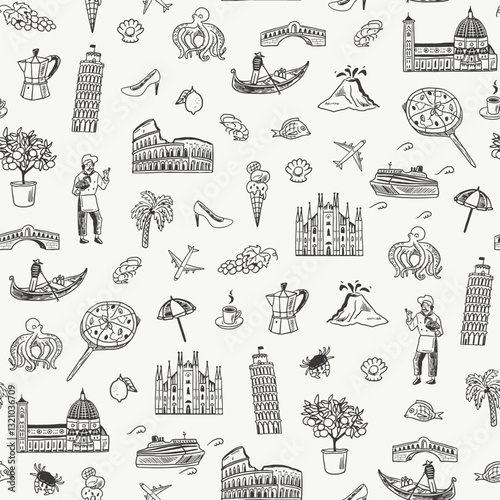 Italy travel doodle seamless line pattern. Hand drawn vector illustration.