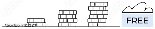 Stacks of coins increasing in height leading to a cloud labeled FREE, symbolizing free or scalable cloud storage. Ideal for growth, economy, technology, savings, finance, cloud computing, digital