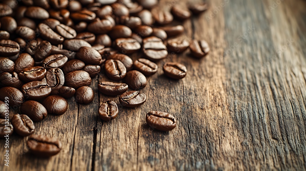 Roasted coffee beans on rustic wooden surface