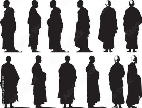 Buddhist Monk Silhouettes Vector Illustration Set