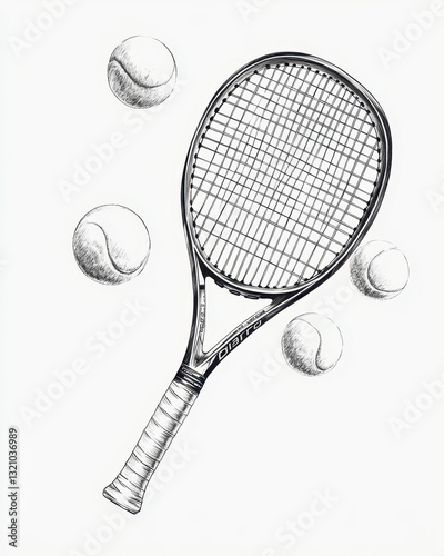 Detailed Hand-Drawn Black Line Art of Tennis Racket and Balls