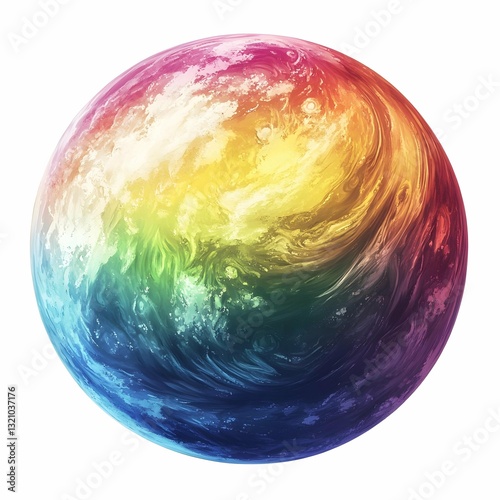 depicting a spherical form, reminiscent of a planet, against a pure white background. The sphere is filled with a vibrant and dynamic array of colors, creating a sense of swirling energy and movement.