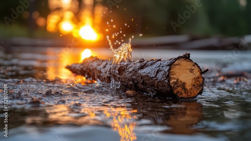 A lively splash of water erupts from the surface, capturing the moment a weathered log meets the gentle waves during a stunning sunset, showcasing nature's dynamism.