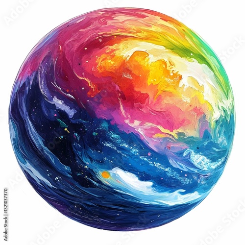 depicting a spherical form, reminiscent of a planet, against a pure white background. The sphere is filled with a vibrant and dynamic array of colors, creating a sense of swirling energy and movement.