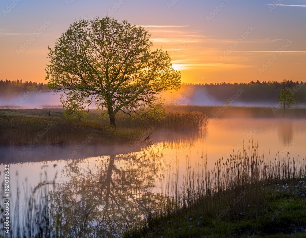 serene spring landscape with a blooming tree and a reflection on a lake serene spring landscape with a blooming tree and a reflection on a lake