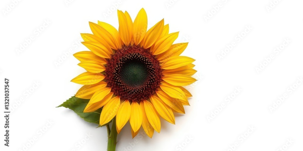 Naklejka premium Single, wilted sunflower left alone on pure white backdrop, image, elegant