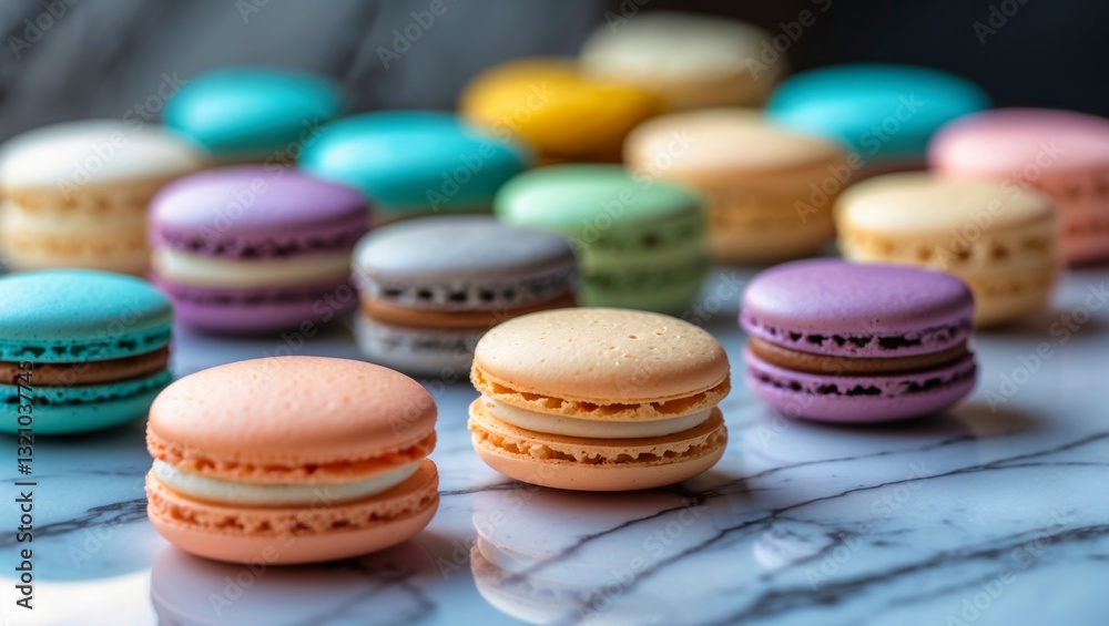 A delightful array of colorful macarons on a marbled surface, showcasing a variety of pastel shades and creamy fillings. Delicious and festive. A delightful array of colorful macarons on a marbled surface, showcasing a variety of pastel shades and creamy fillings. Delicious and festive.
