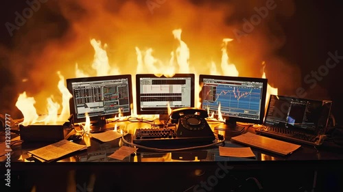 Intense market crash depiction with financial screens ablaze during trading volatility and crisis