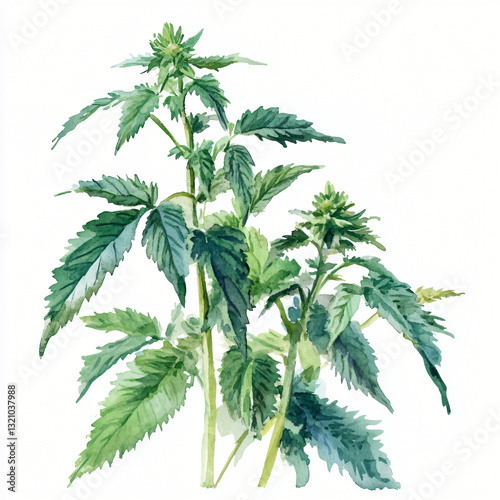 Watercolor hand-painted stinging nettle painting illustration isolated on a white background, stinging nettle leaf illustration, AI painting design	