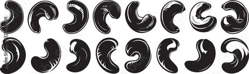 Cashew Nuts Vector Illustration Set, Black and White Isolated