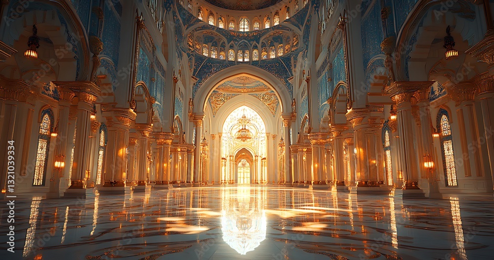 Obraz premium Grand Palace Interior with Intricate Arches and Glowing Lights